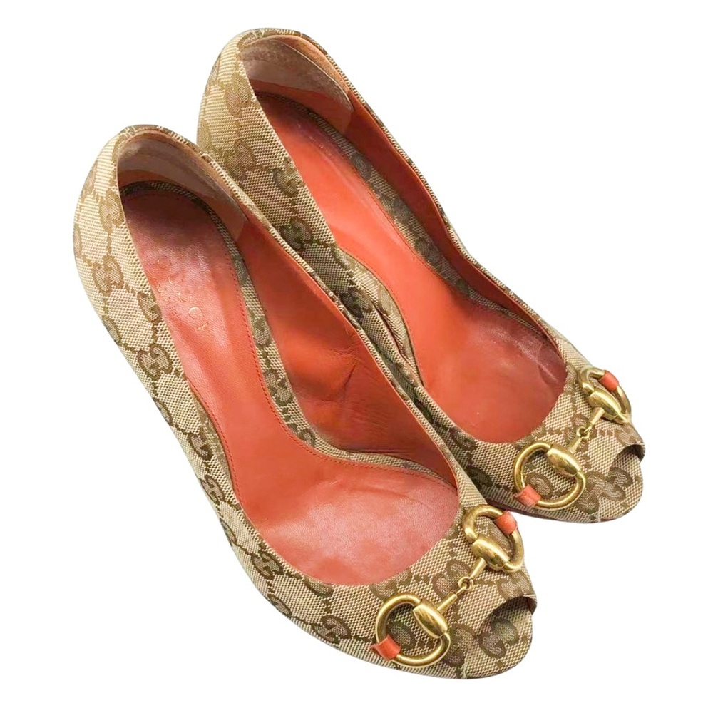 Gucci GG Canvas Horsebit Peep Toe Heels Pumps Size 36 - Picture 3 of 8